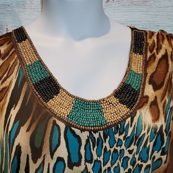 Fashion Bug Sz 3X Animal Print Beaded Neckline One Sleeve Popover Blouse 624   - Picture 4 of 11